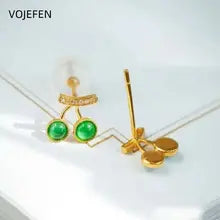 18K Gold Cherry Stud Earrings with Emerald & Diamond | Luxury Gift