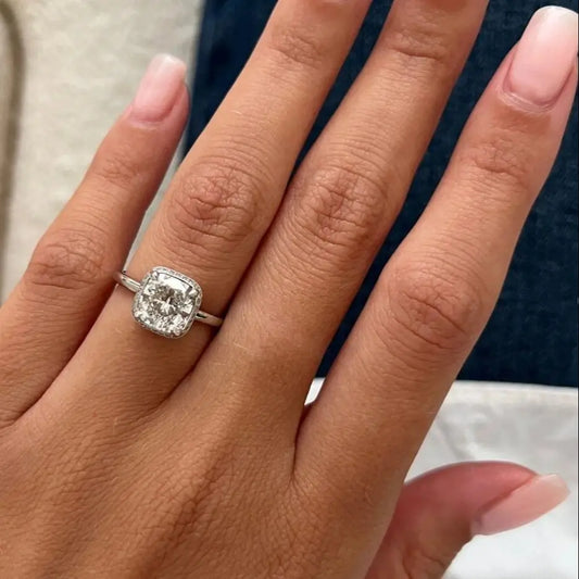 2CT Square Cushion Lab Diamond Halo Engagement Ring 14K White Gold