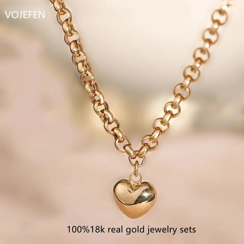 18k Gold Heart Pendant Jewelry Set with Necklace & Bracelet - Luxury Vintage