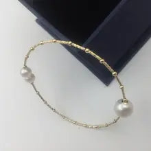 Sinya Natural 9-10mm Pearl 18k AU750 Gold Tube Spring Bangles for Women Girl Mom Lover Bracelet Diameter 55mm - Yellow gold color