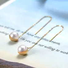 Sinya Au750 18k Long Chain Tassel Design Drop Earring With 7.5-8mm Natural Round High Luster Pearls for Women - white gold color 7-8mm