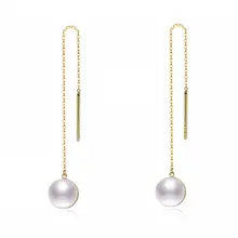 Sinya Au750 18k Long Chain Tassel Design Drop Earring With 7.5-8mm Natural Round High Luster Pearls for Women - white gold color 7-8mm