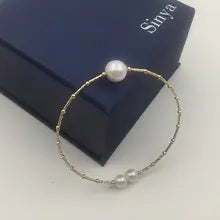 Sinya Natural 9-10mm Pearl 18k AU750 Gold Tube Spring Bangles for Women Girl Mom Lover Bracelet Diameter 55mm - Yellow gold color
