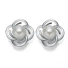 Sinya Natural Freshwater Pearls Stud Earrings 925 Sterling Silver Flower Design for Women Mother Girls New Hot Gift - natural white pearl 7-8mm