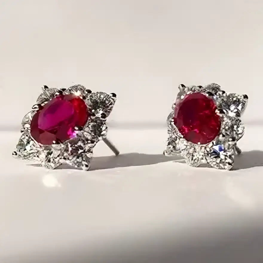 Solid White Gold AU750 Ruby Stud Earrings 1.5CT Gemstone