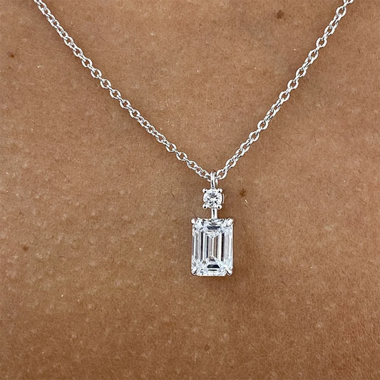 14K White Gold and Silver Emerald Necklace with Lab Diamonds