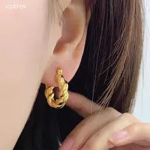 18K Gold Hoops Earrings - Vintage Luxury Rope Design for Women