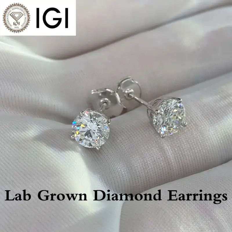 Round Cut Lab Grown Diamond Stud Earrings 0.50-2ct 925 Silver IGI