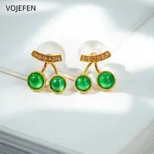 18K Gold Cherry Stud Earrings with Emerald & Diamond | Luxury Gift