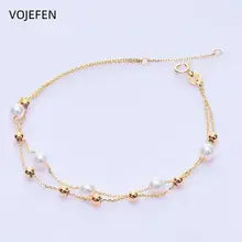 18k Gold Pearl Pendant Bracelet - Adjustable Double Layer Charm Jewelry