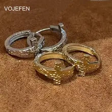 18K Gold Cross Hoop Earrings - Luxury Fish Scale Design for Men & Women