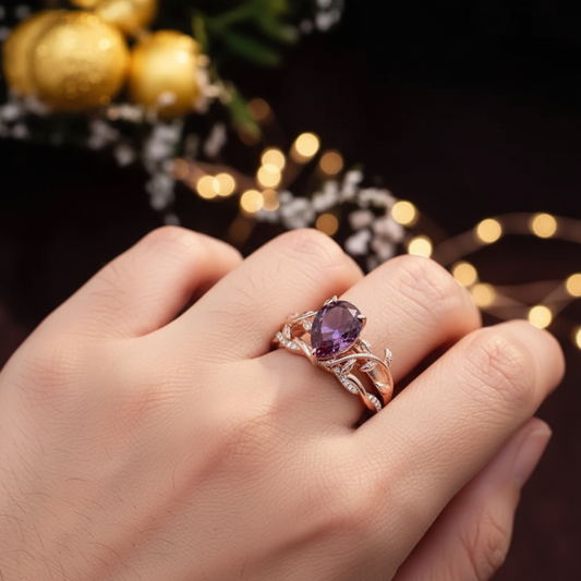 Pear Cut Alexandrite Ring with Leaf Branch Design and Gold Matching Band