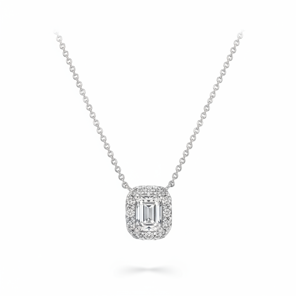 14k White Gold Emerald Cut Lab Diamond Pendant Necklace 18 inch